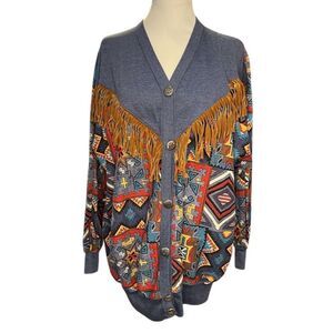 Vintage Young Stuff Southwestern Fringe Cardigan Sweater Women's L‎